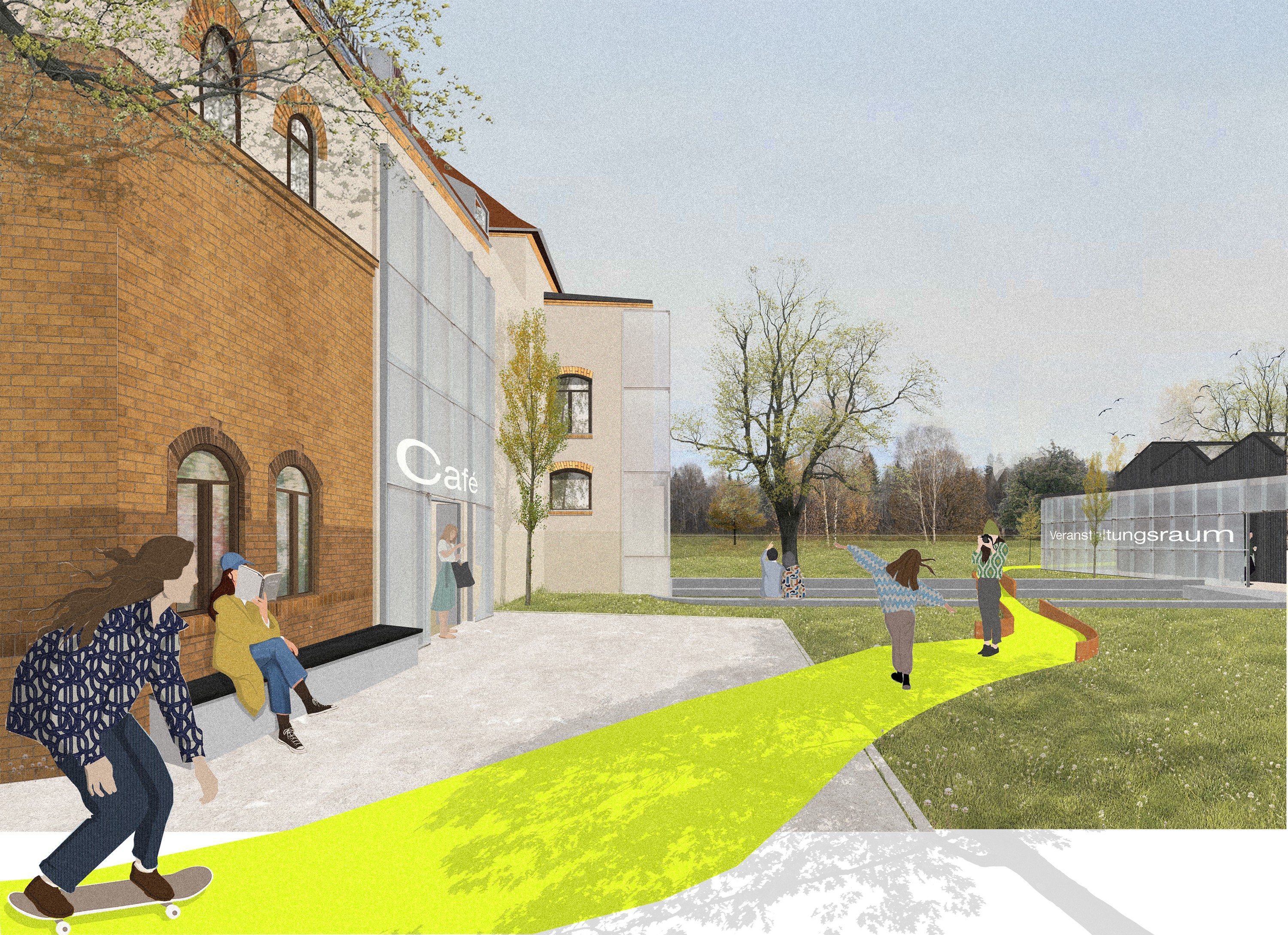 Visualisierung der neuen Freiräume zwischen Stadtbad, Café und Veranstaltungsraum